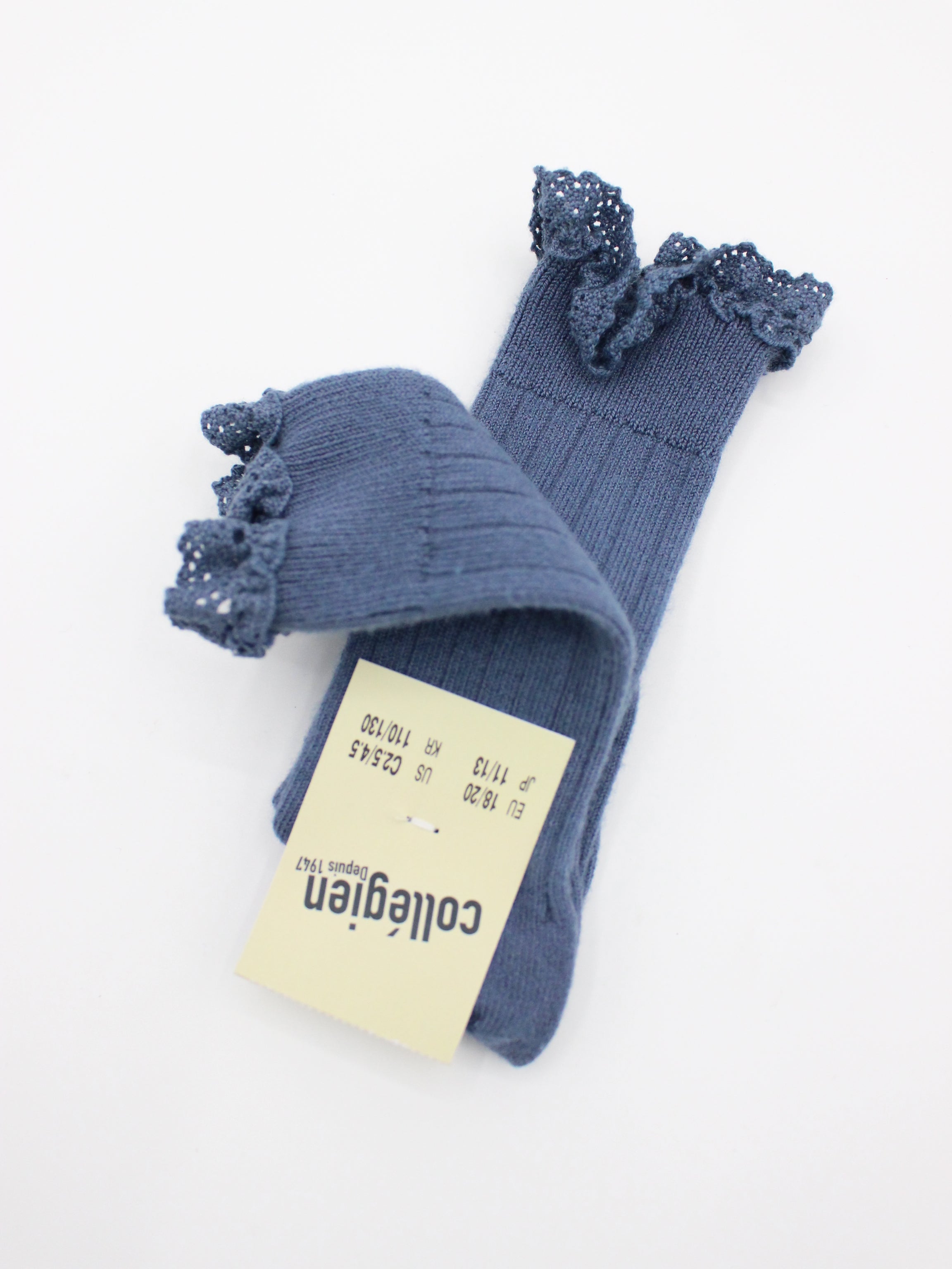 collegien Josephine Lace Trim Knee High Socks  bleu cendre