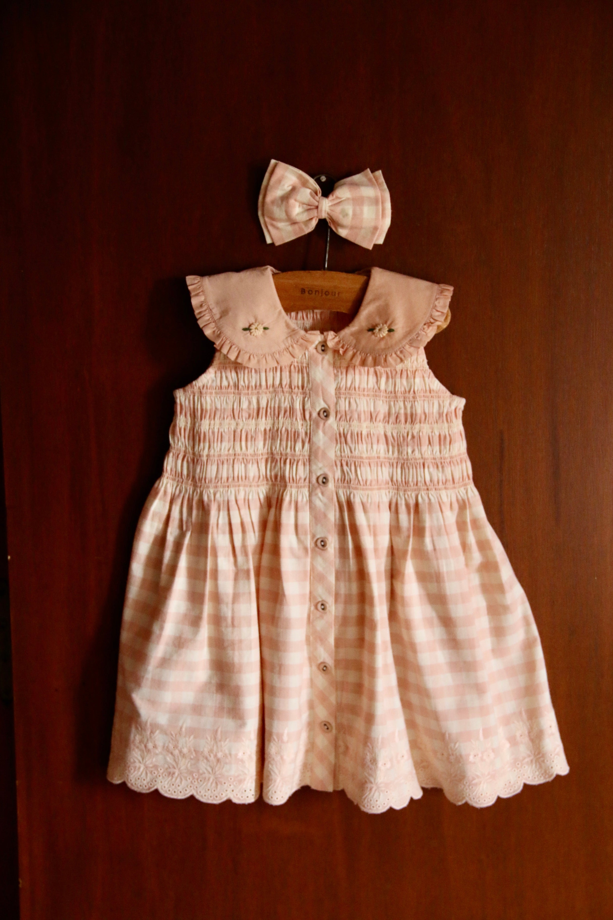 BONJOUR DIARY   Emb. tunic + hair clip Pink Vichy with small design eyelete emb