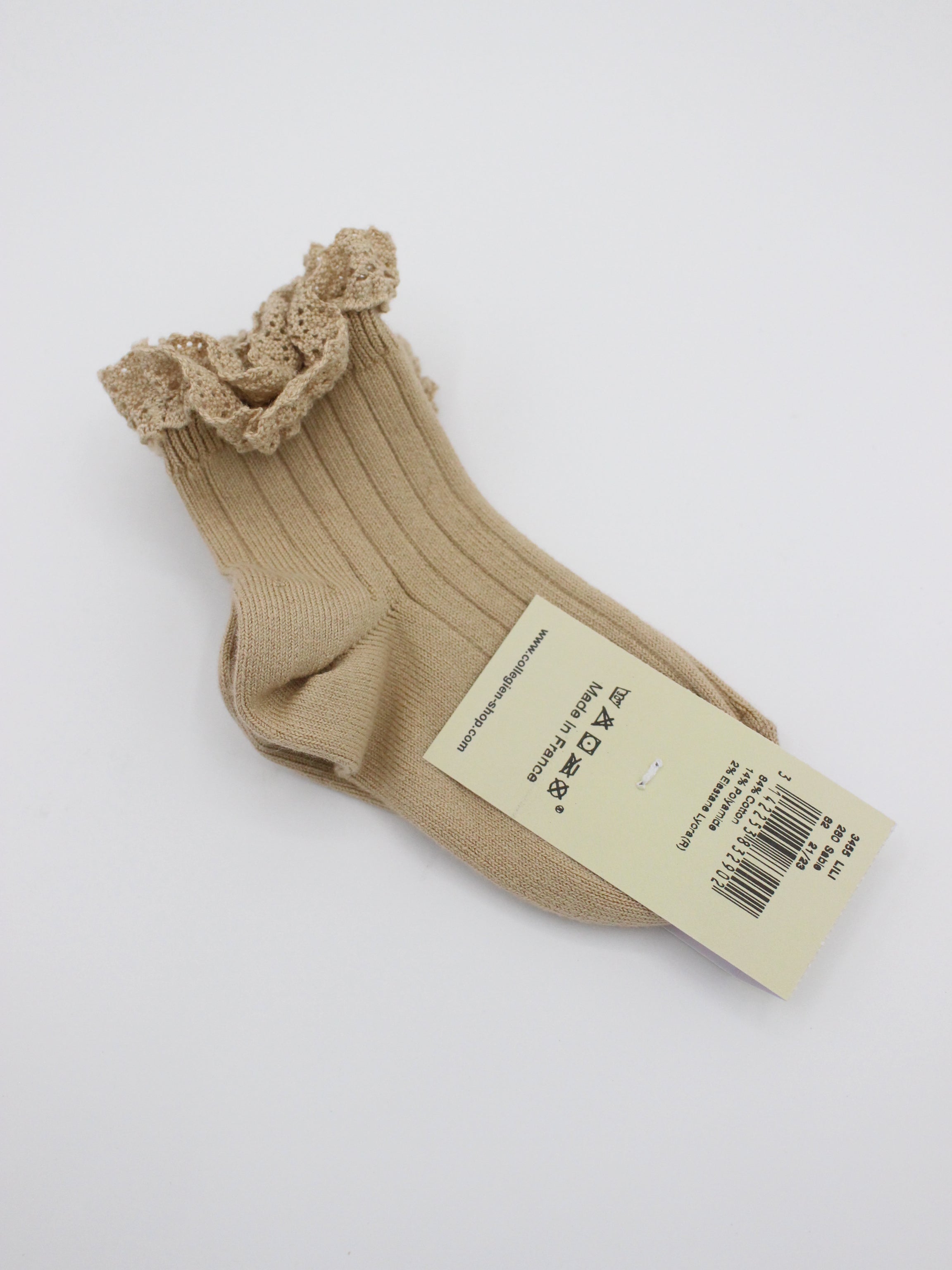 collegien  Lili - Lace Trim Ribbed Ankle Socks  sable