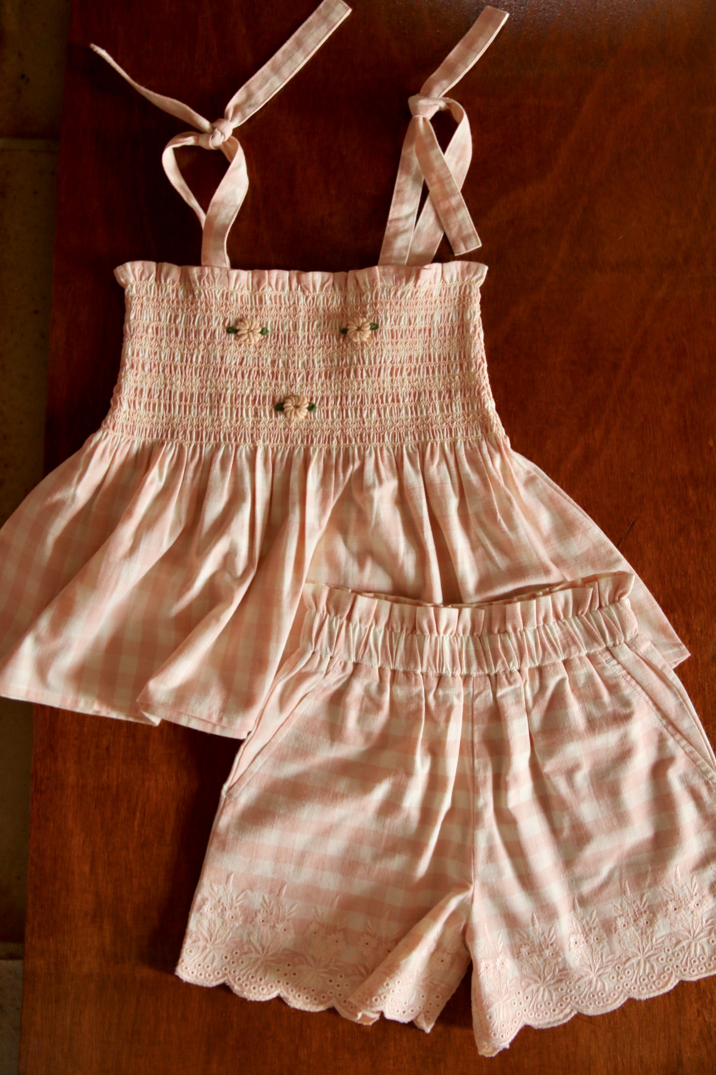 BONJOUR DIARY   Shorts & top set Pink Vichy with small design eyelete emb