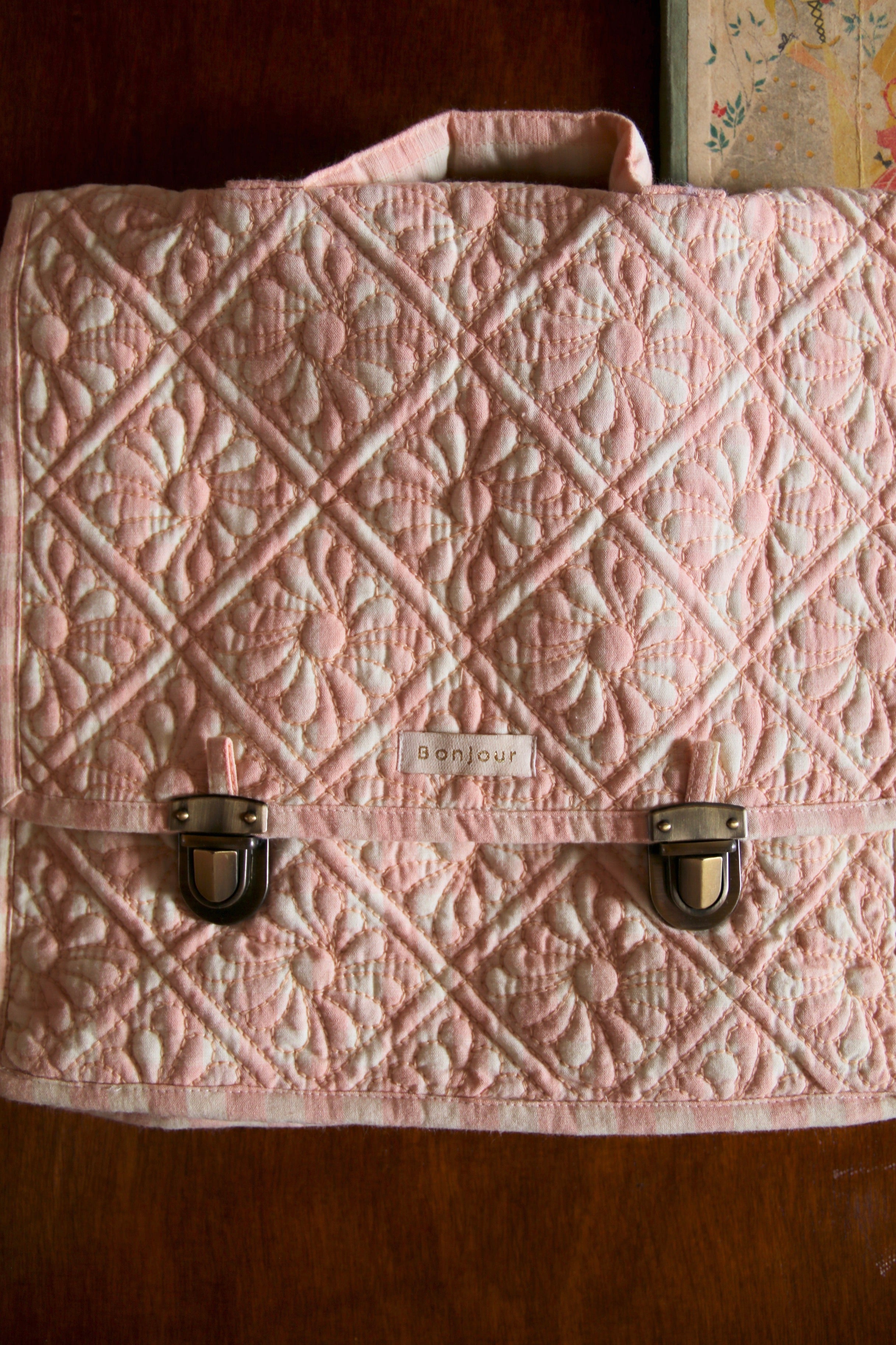 BONJOUR DIARY   Quilted school bag Pink vichy front & piping