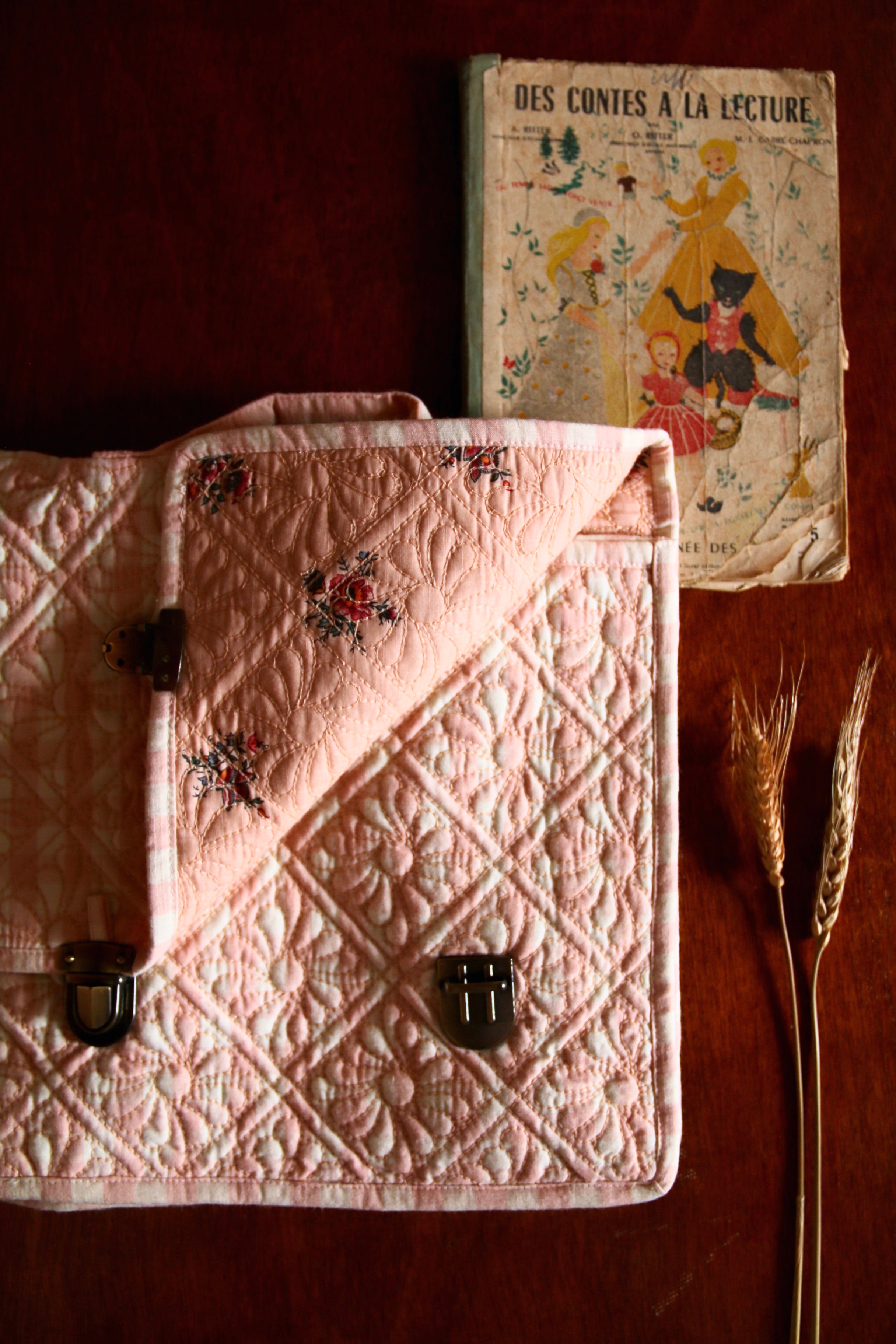 BONJOUR DIARY Quilted school bag Pink vichy front & piping