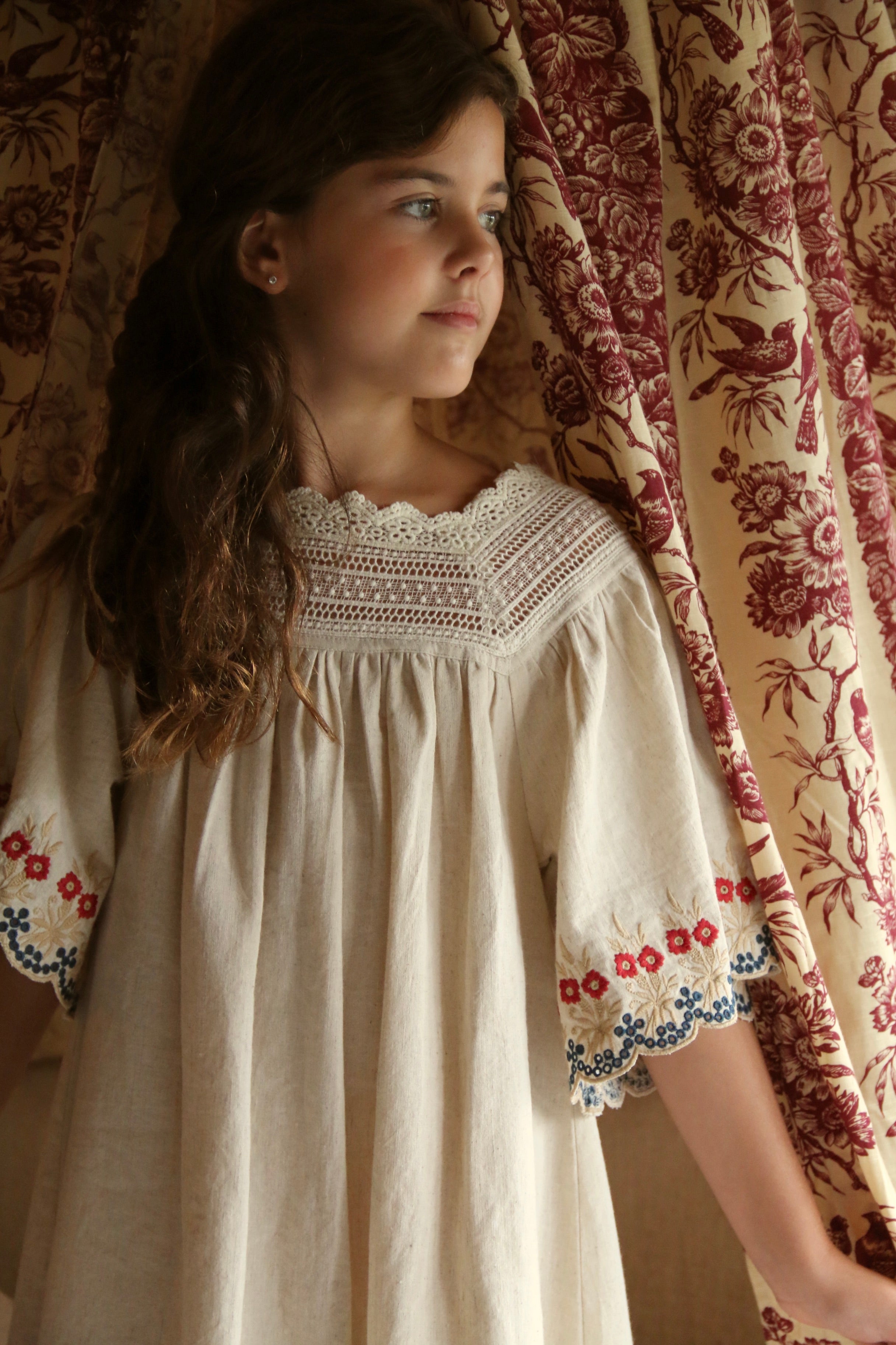 BONJOUR DIARY    Dress Naural cotton flex with multi color eyelette emb