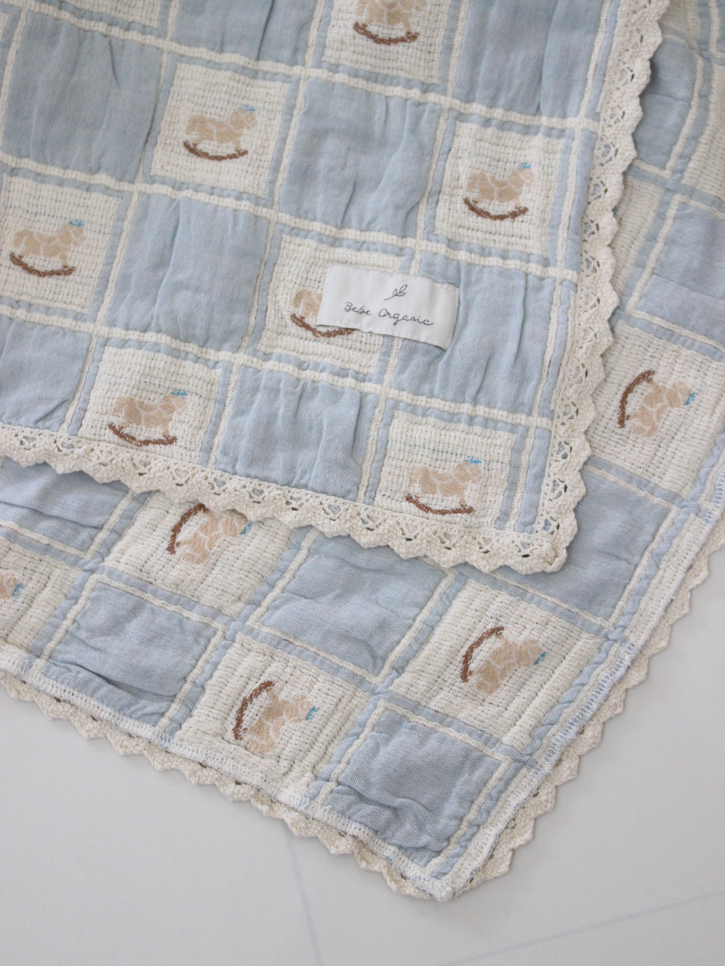 Bebe Organic  Rocking Horse Blanket  Blue Patchwork