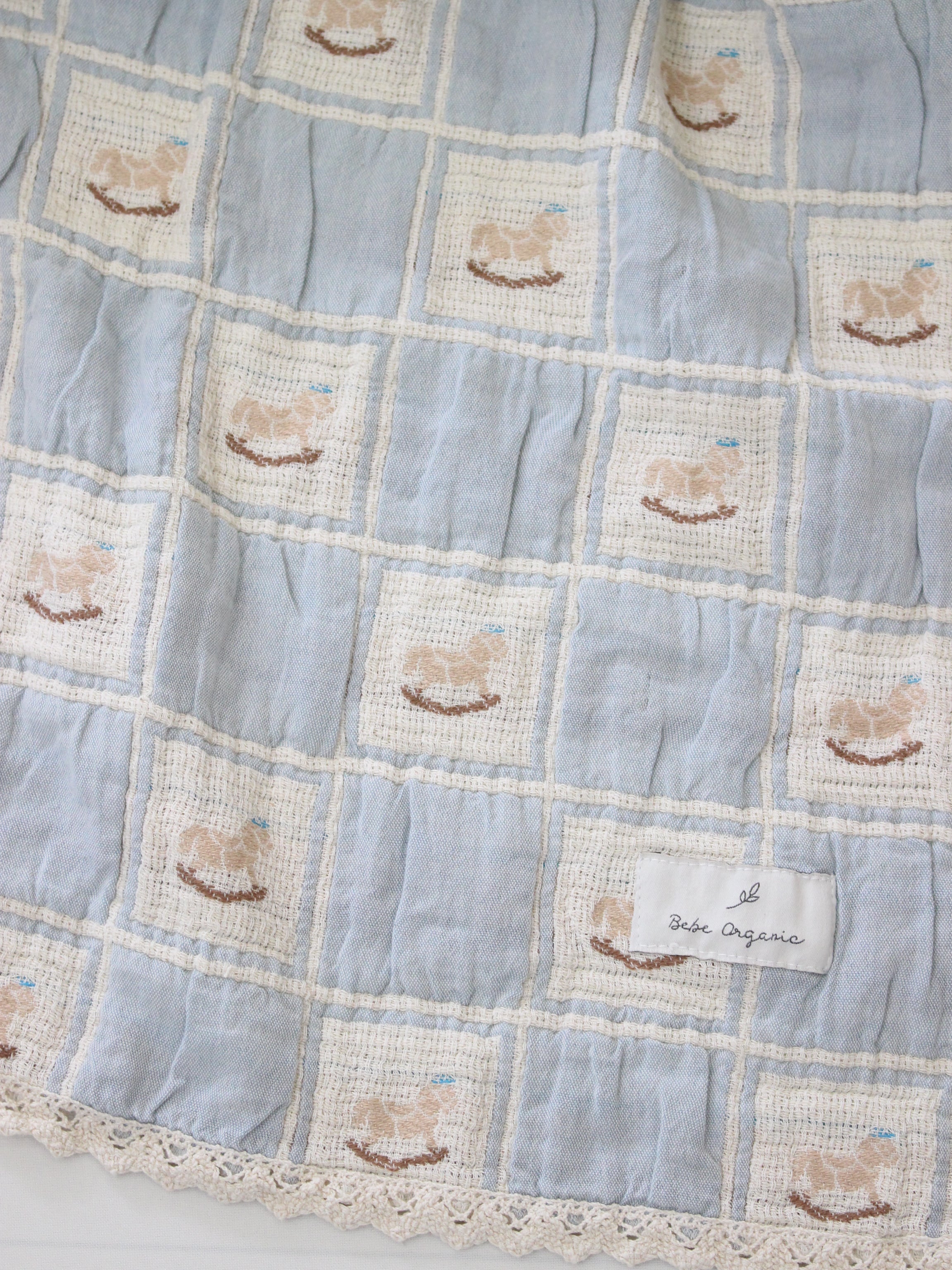 Bebe Organic  Rocking Horse Blanket  Blue Patchwork
