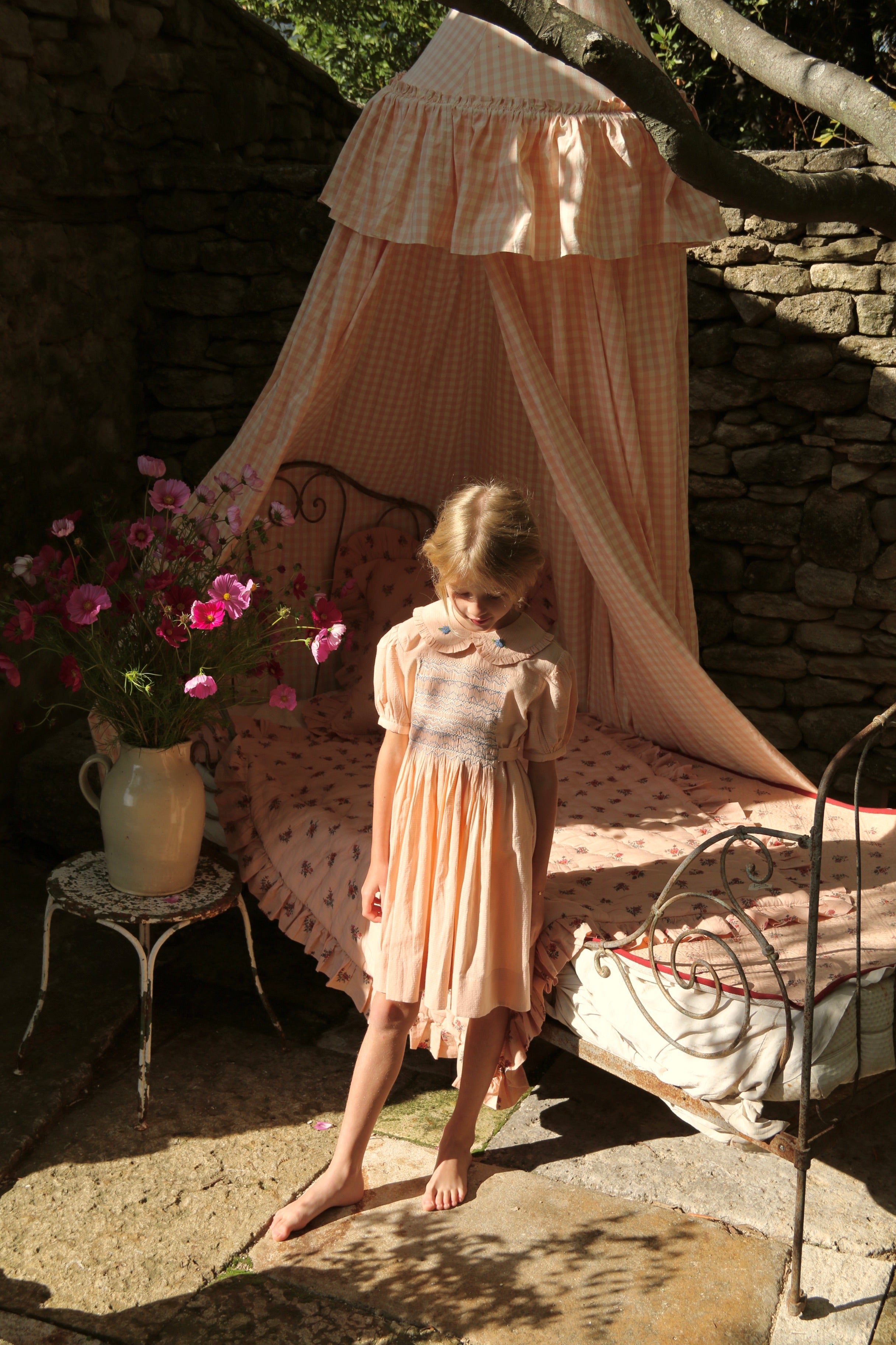 BONJOUR DIARY   Handsmock dress Pink check voile