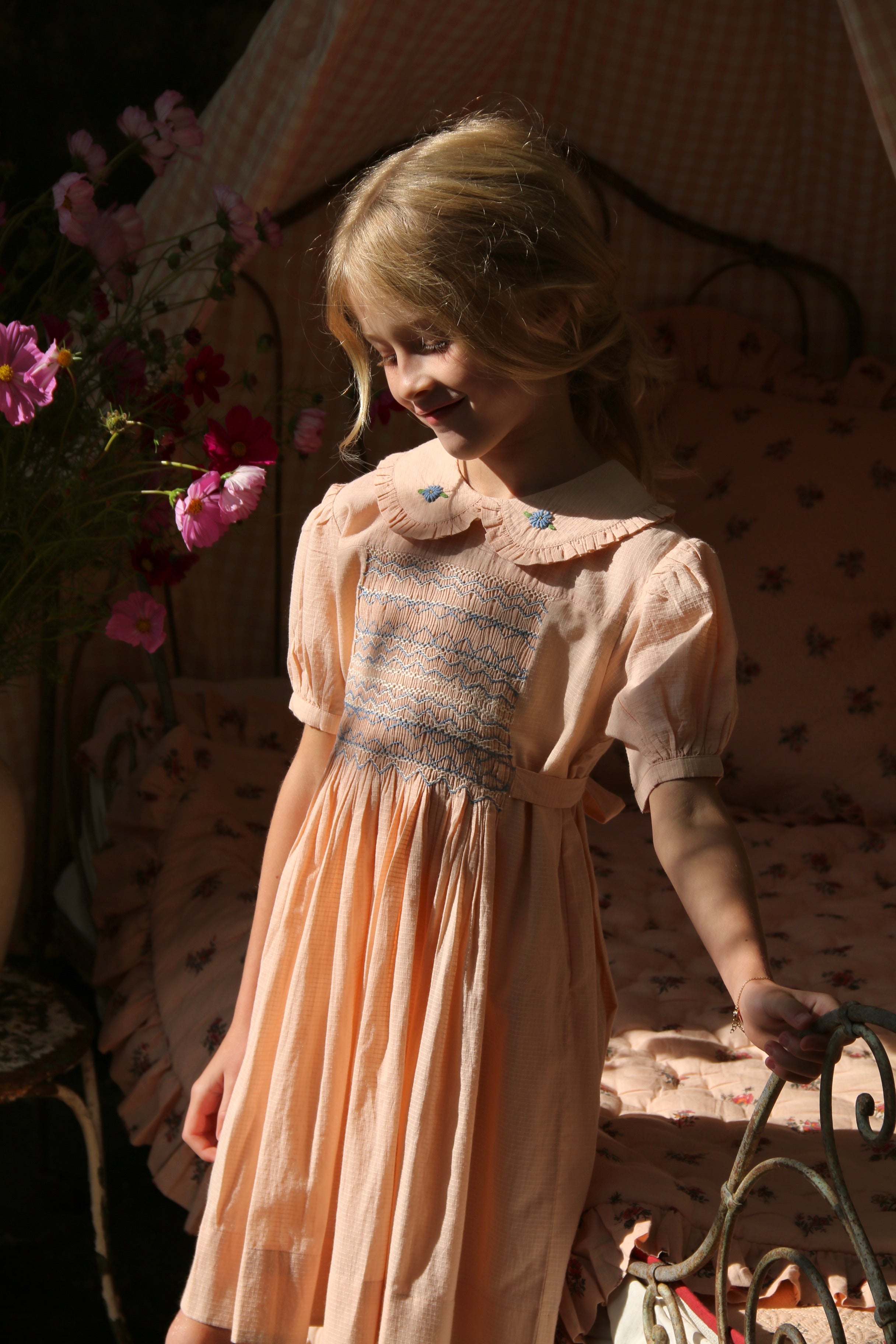 BONJOUR DIARY Handsmock dress Pink check voile