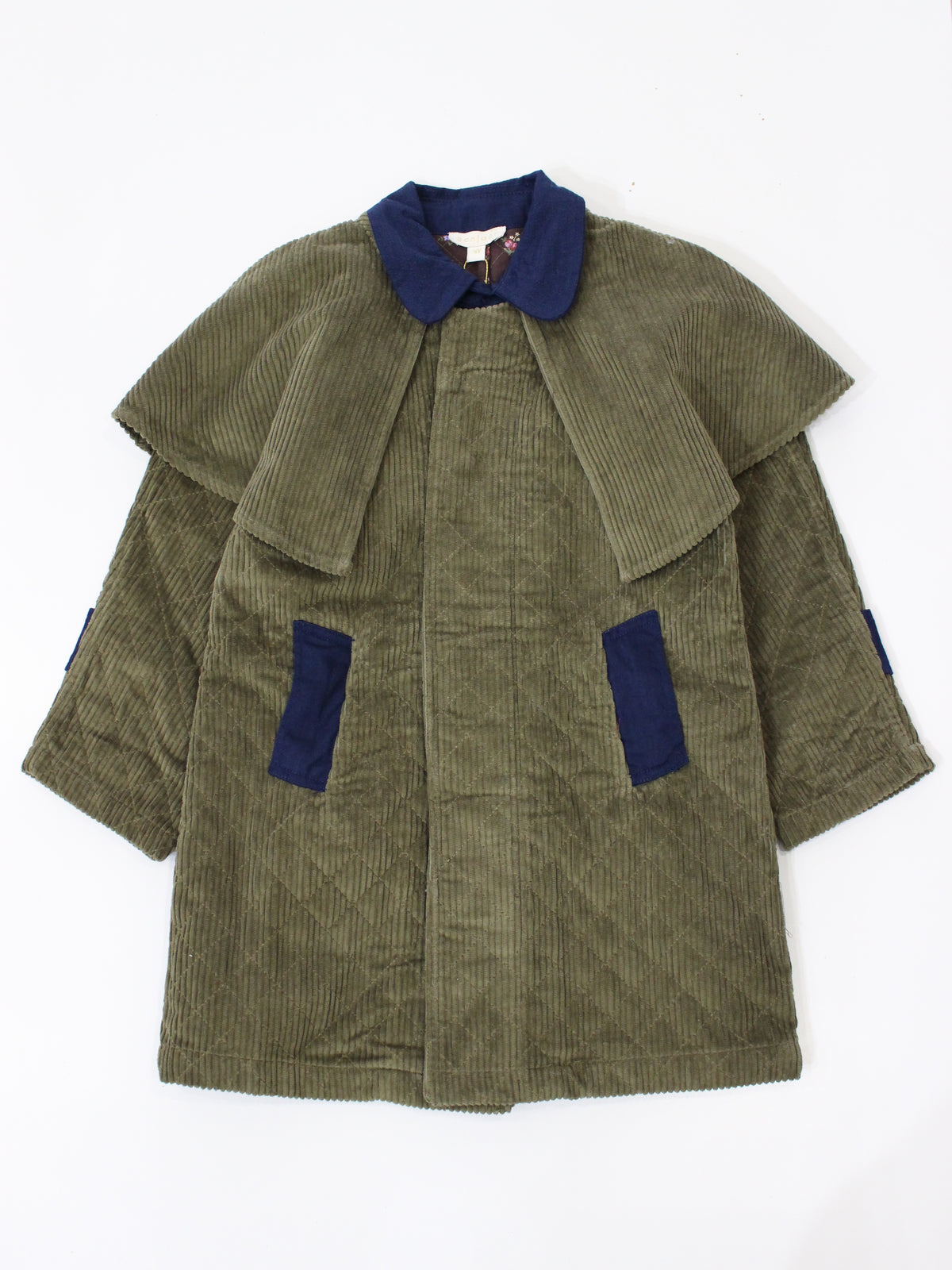 BONJOUR DIARY  Trench coat with cape Kaki corduroy / Navy denim collar