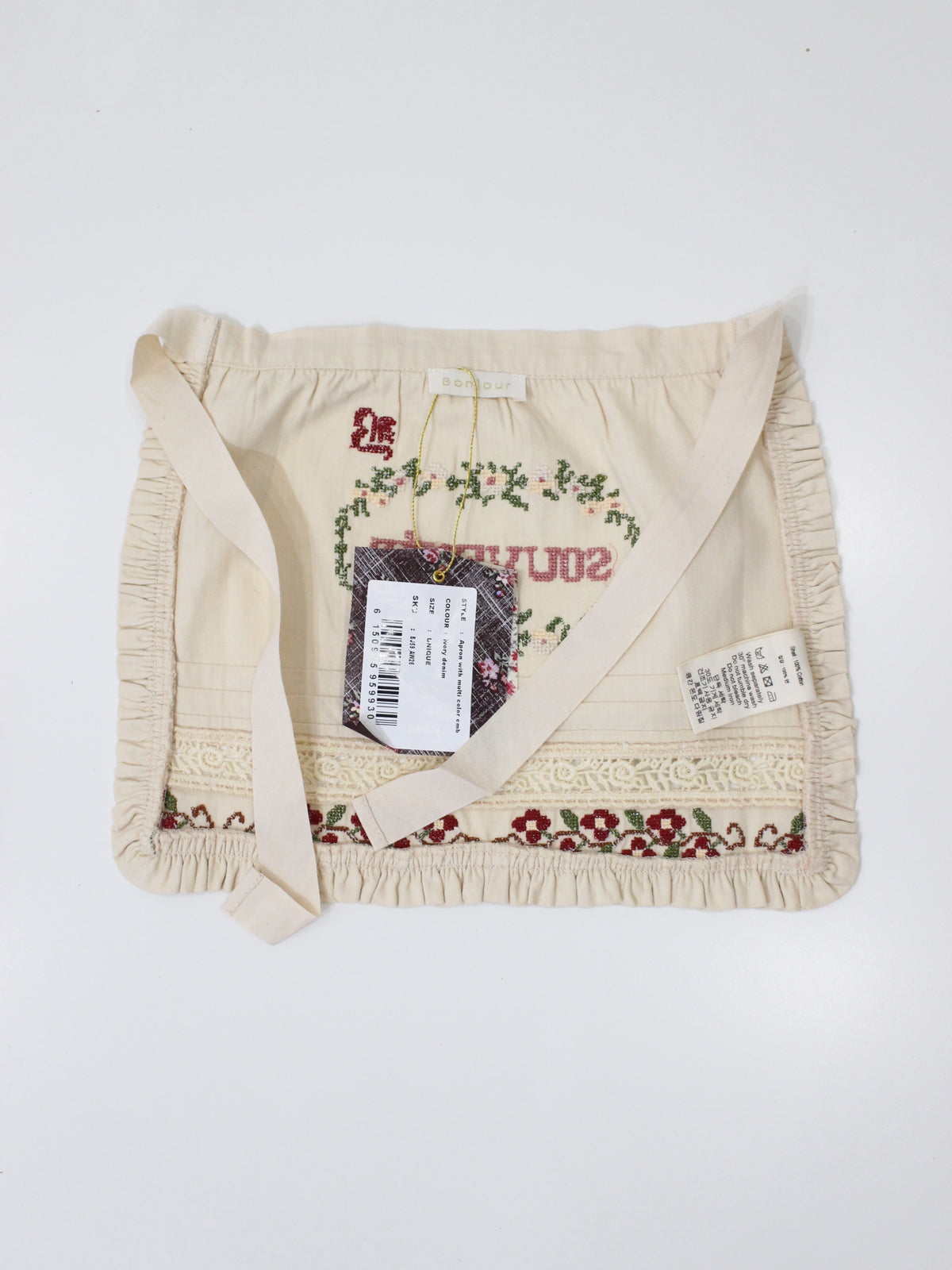BONJOUR DIARY  Apron with multi color embIvory denim