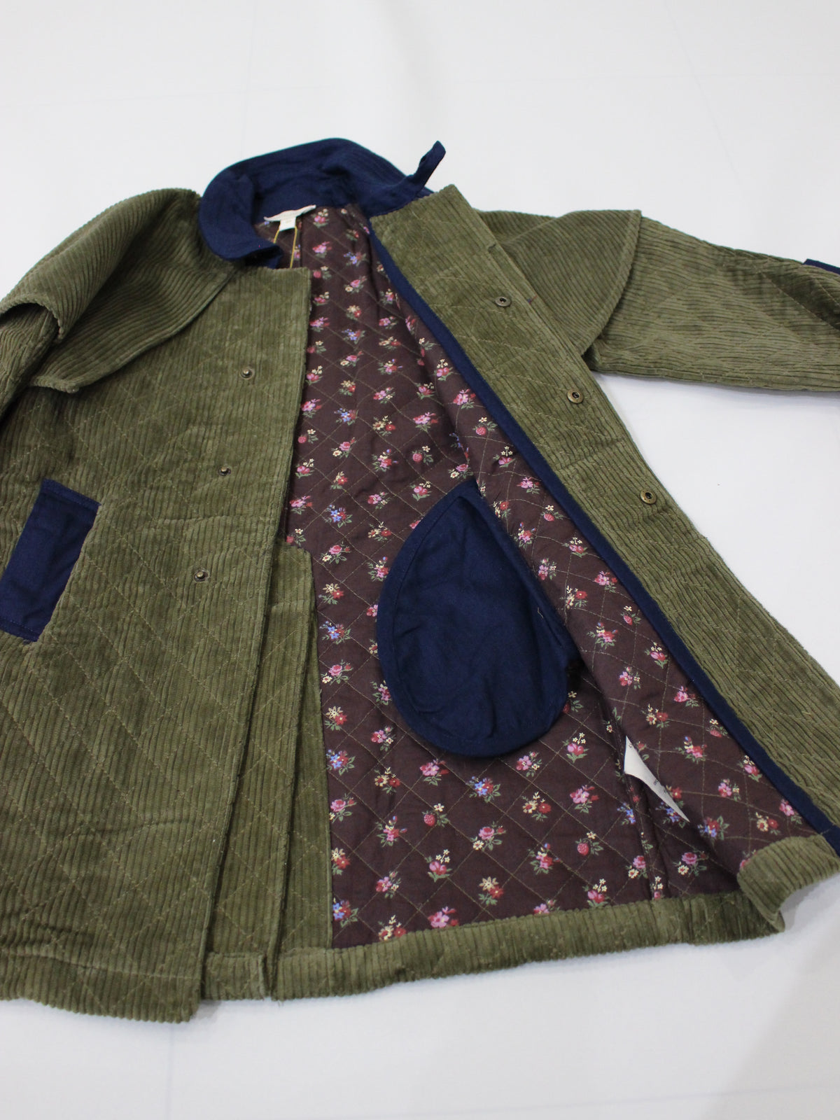 BONJOUR DIARY  Trench coat with cape Kaki corduroy / Navy denim collar