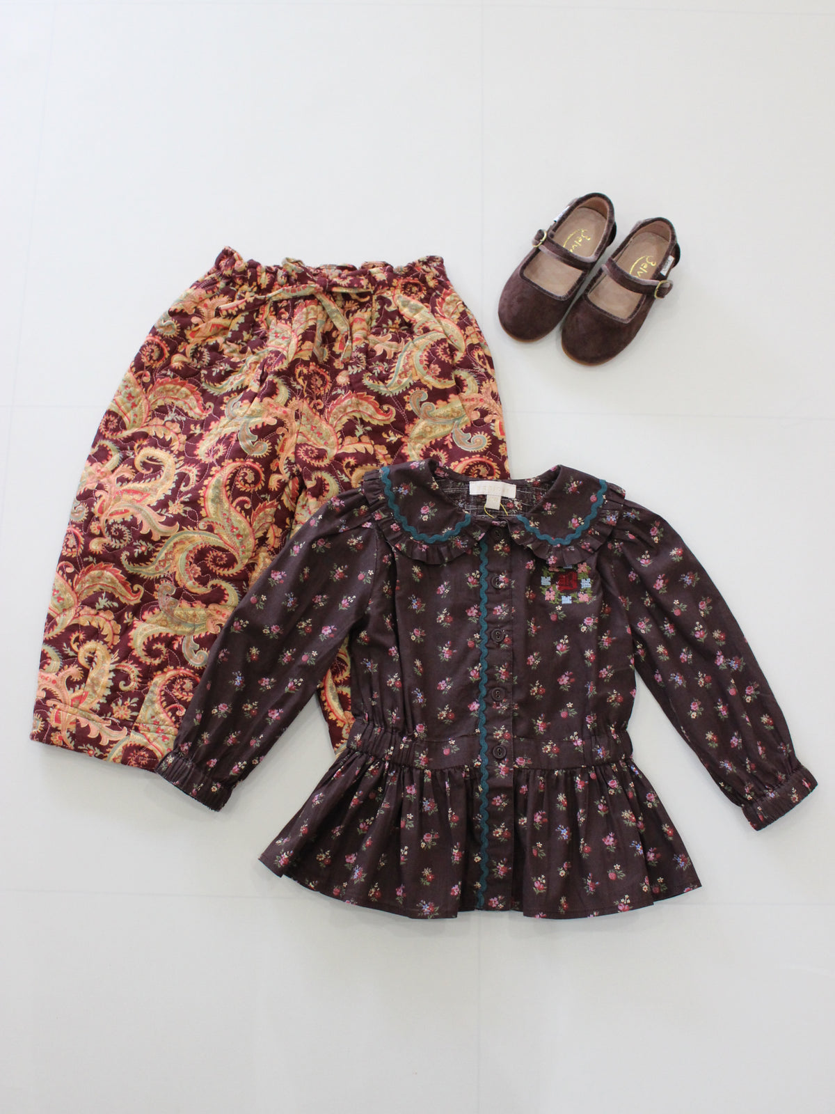 BONJOUR DIARYか  Quilted pant Burgundy cashmere print - organic slub