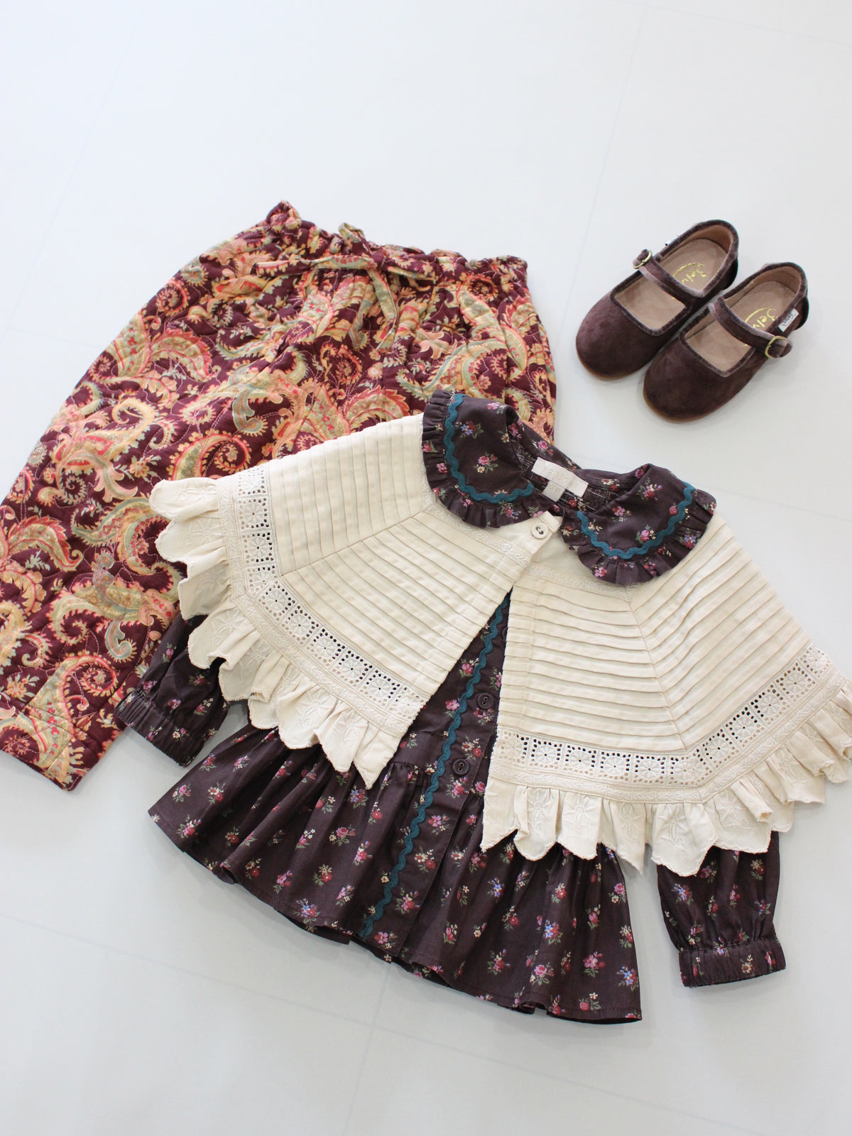BONJOUR DIARYか  Quilted pant Burgundy cashmere print - organic slub