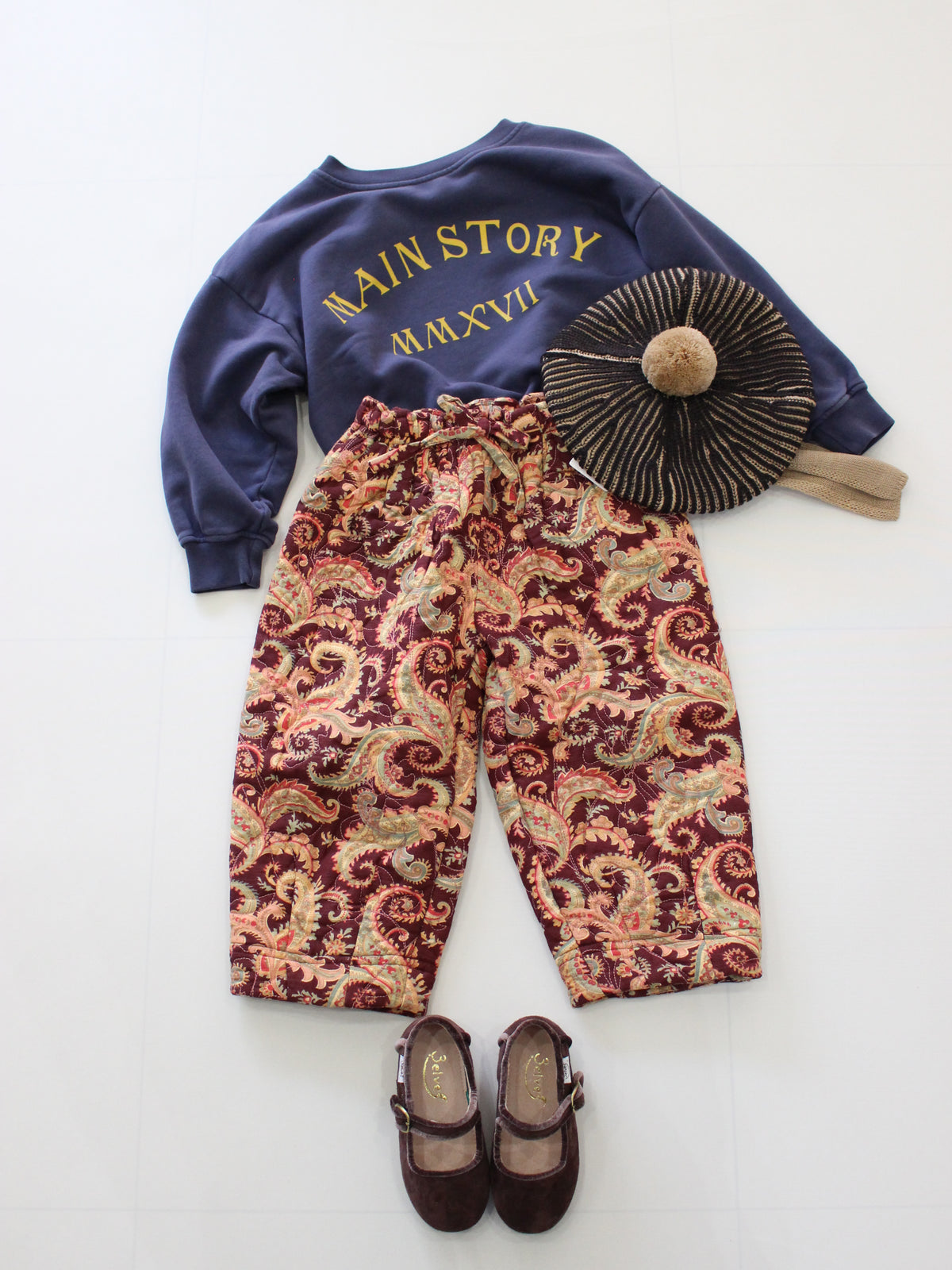 BONJOUR DIARYか  Quilted pant Burgundy cashmere print - organic slub