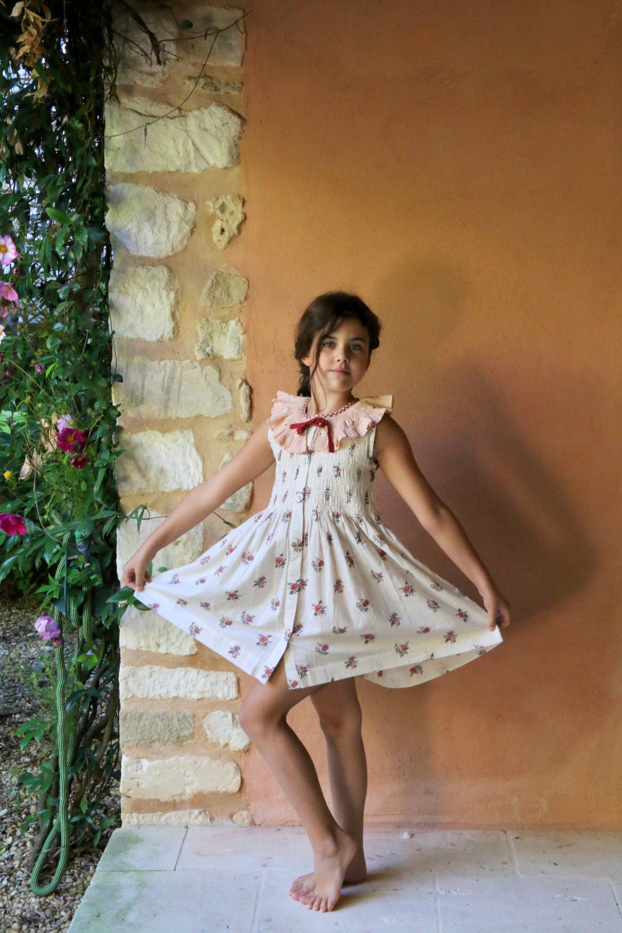 Bonjour Diary ワンピースとヘアクリップ　4y BONJOUR DIARY Tunique with hair clip Garden flowers print - cotton voi
