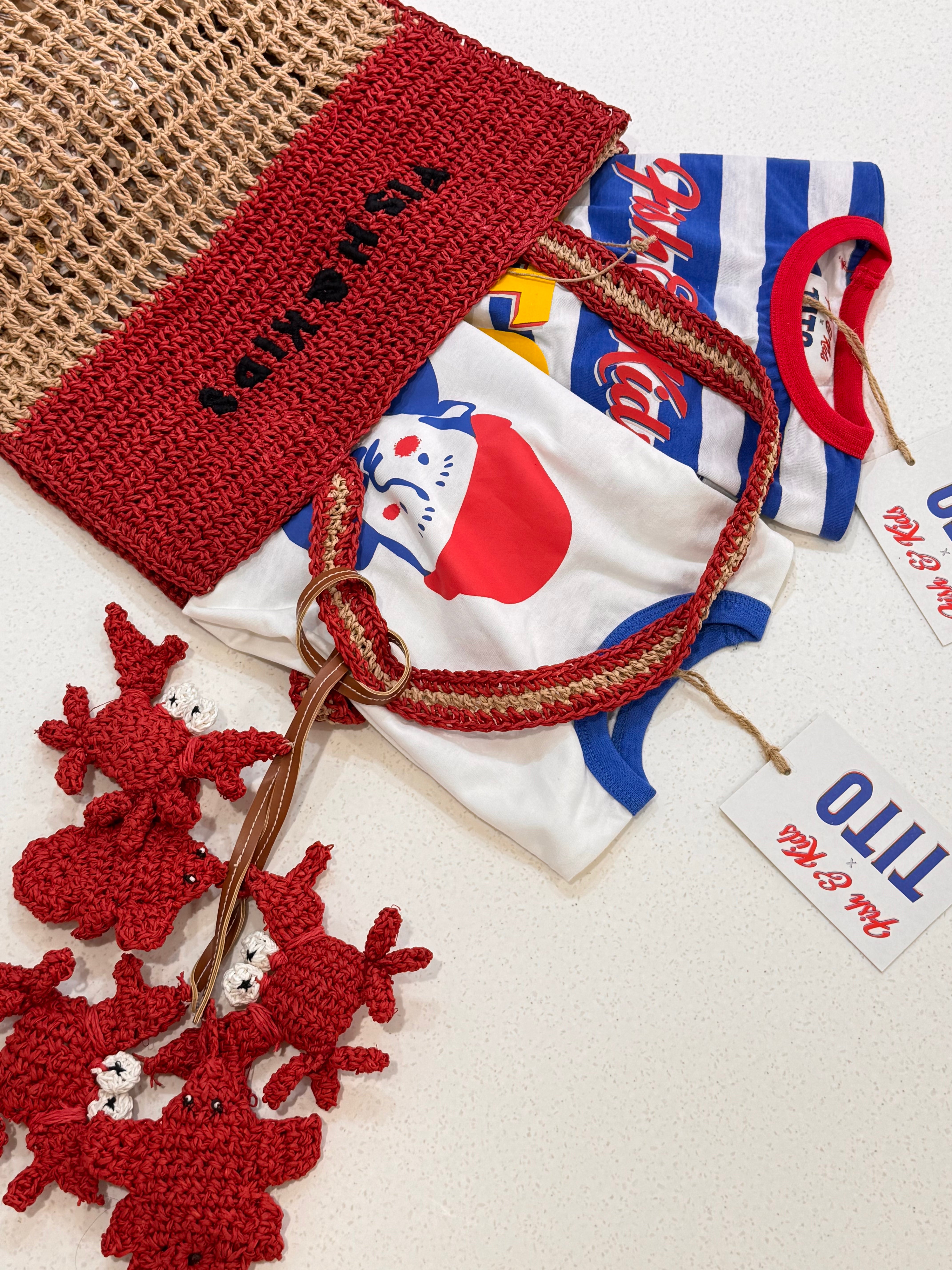 FISH & KIDS　BEACH BAG   ECRU AND RED