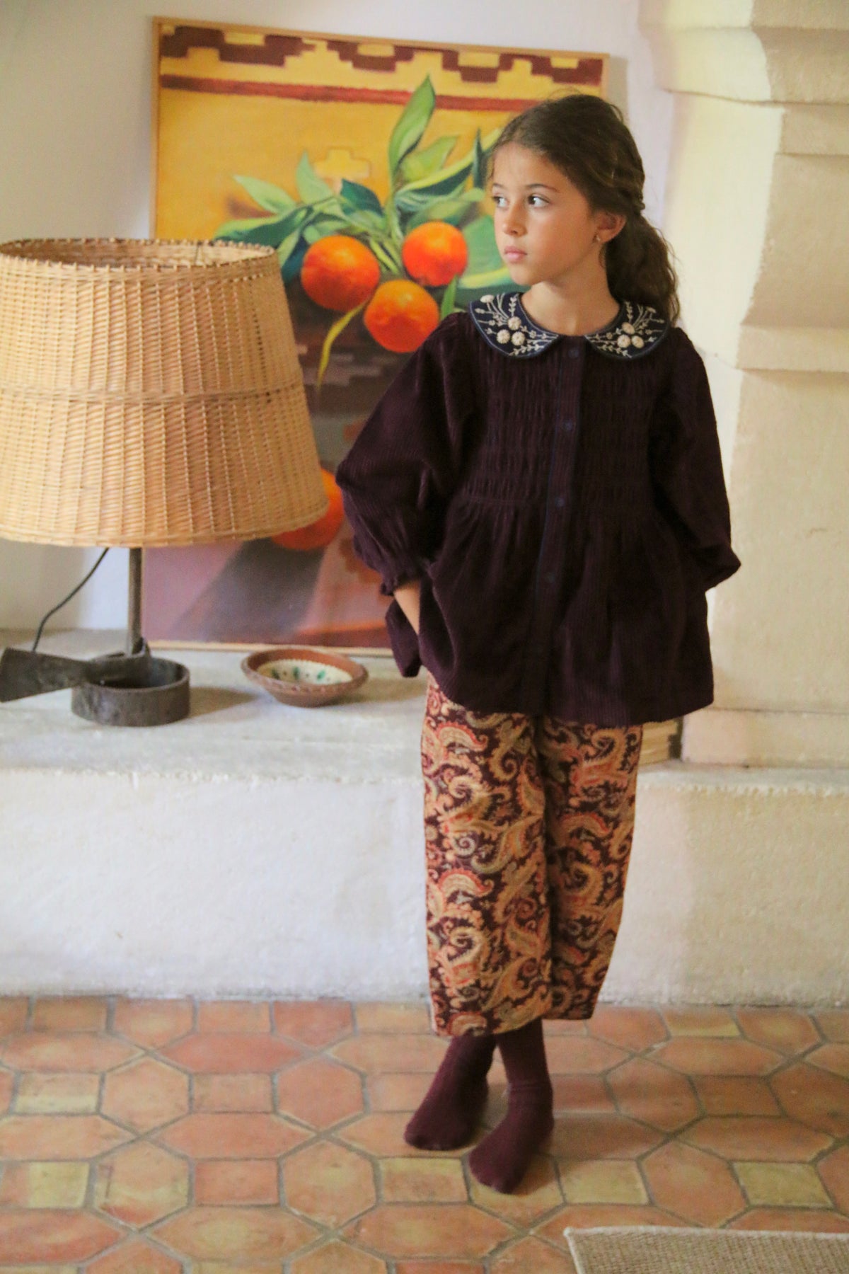 BONJOUR DIARYか  Quilted pant Burgundy cashmere print - organic slub