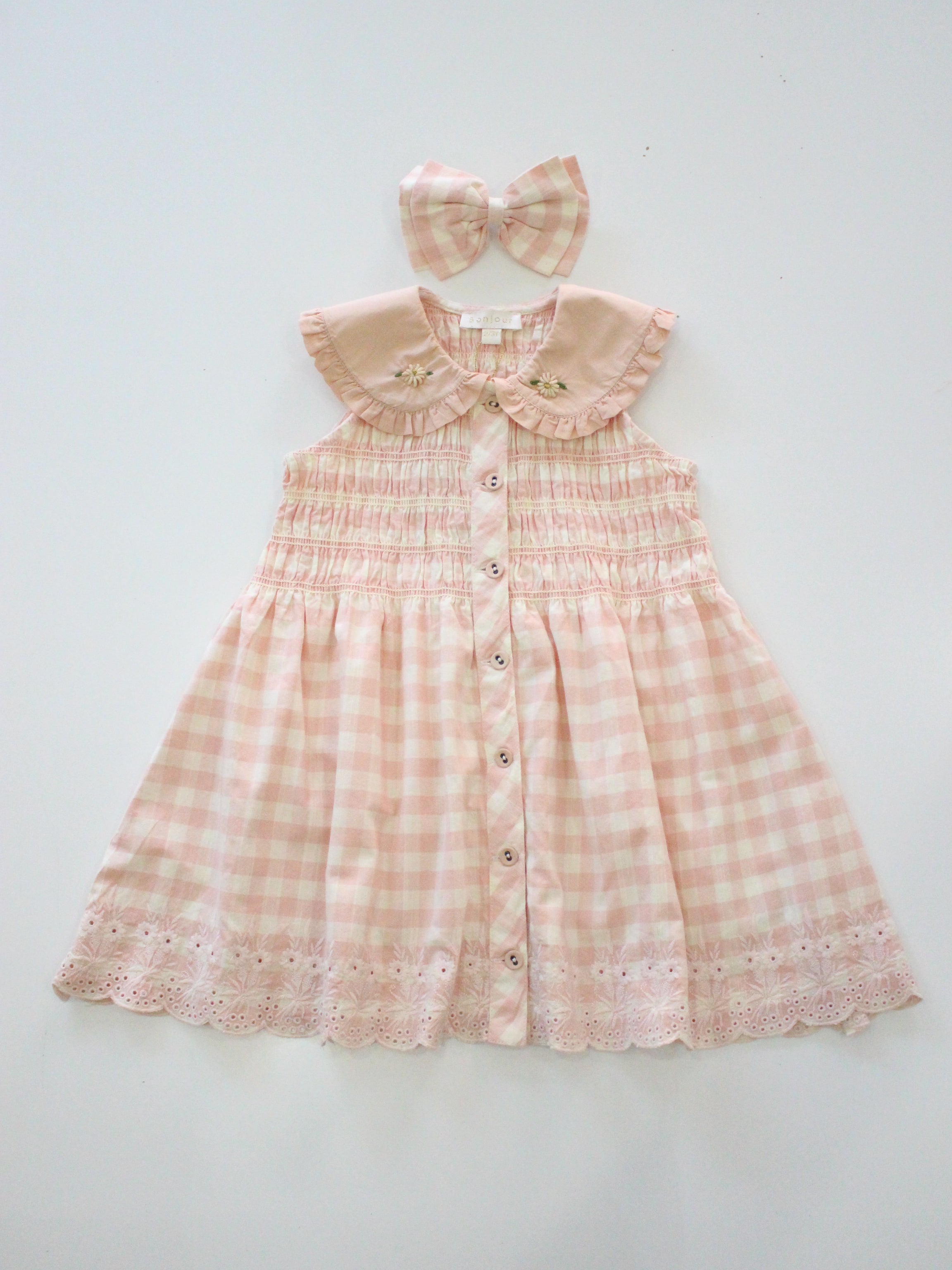 BONJOUR DIARY   Emb. tunic + hair clip Pink Vichy with small design eyelete emb