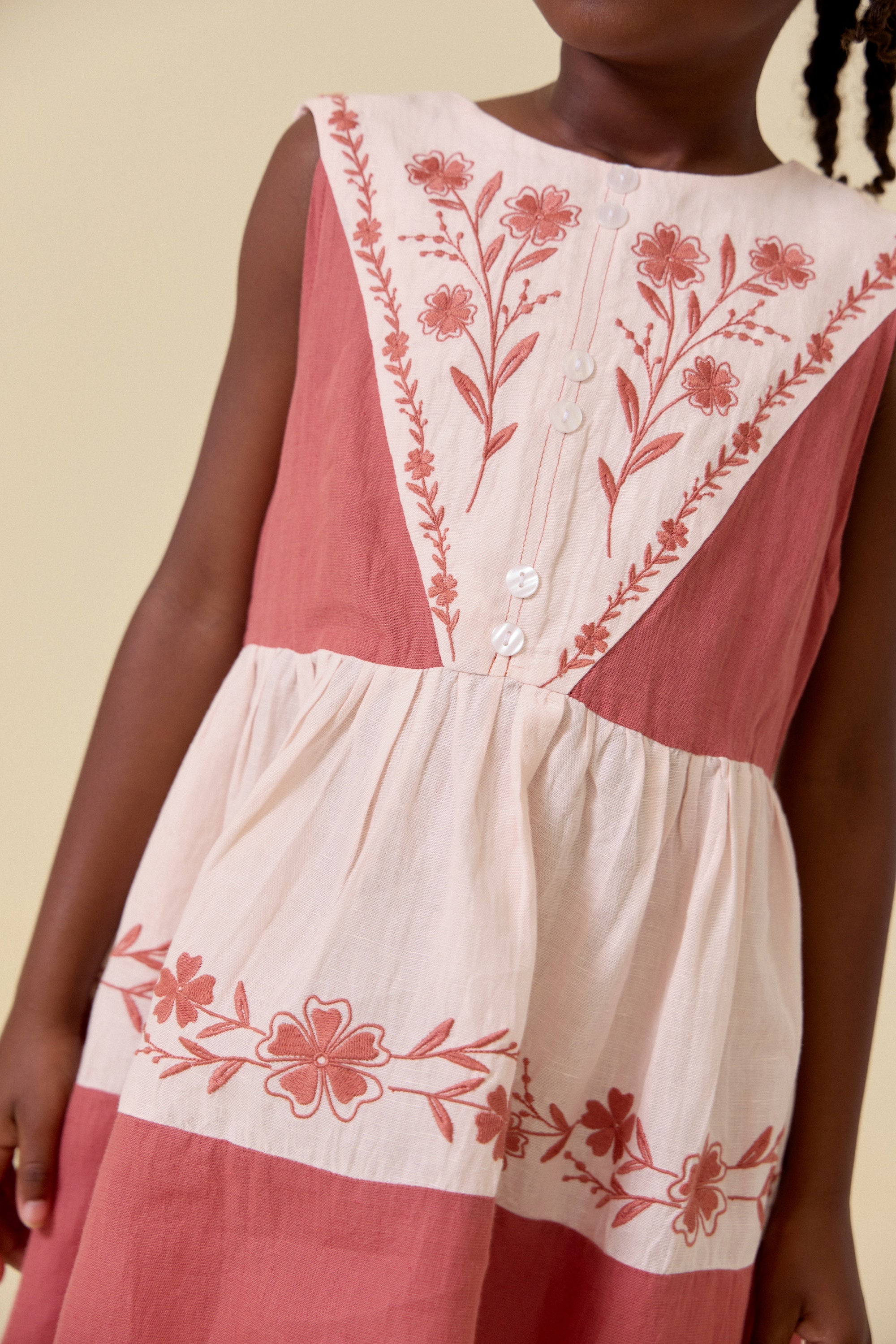 LALi  Vivi Dress in Color Block Brick Red & Pale Pink Linen