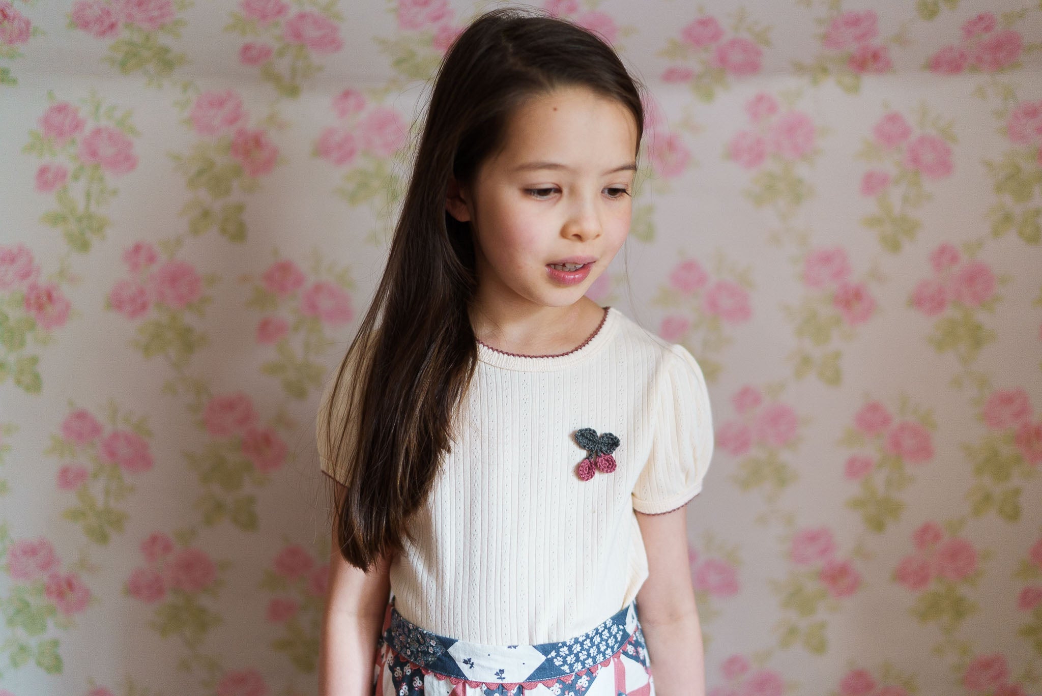 little cotton clothes Pointelle T-shirt with Crochet Cherry