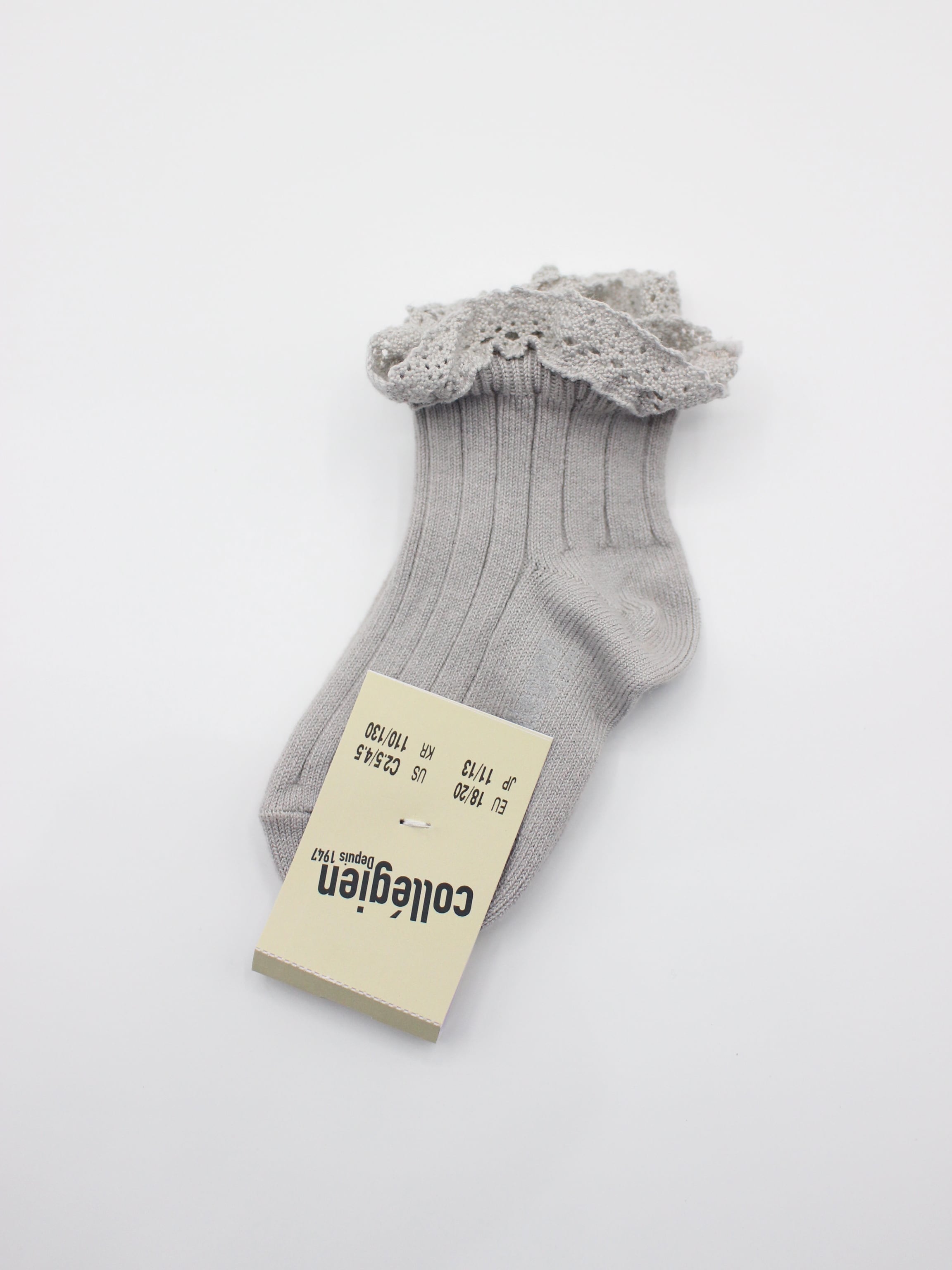 collegien  Lili - Lace Trim Ribbed Ankle Socks  Gris Perle