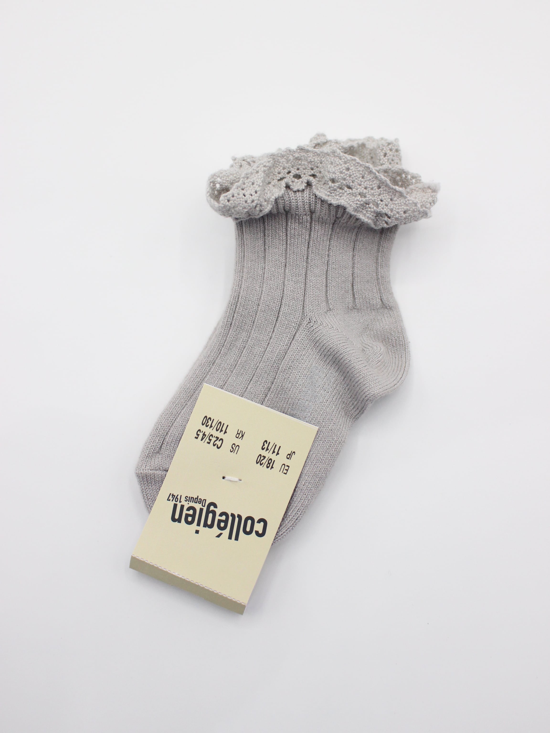 collegien  Lili - Lace Trim Ribbed Ankle Socks  Gris Perle