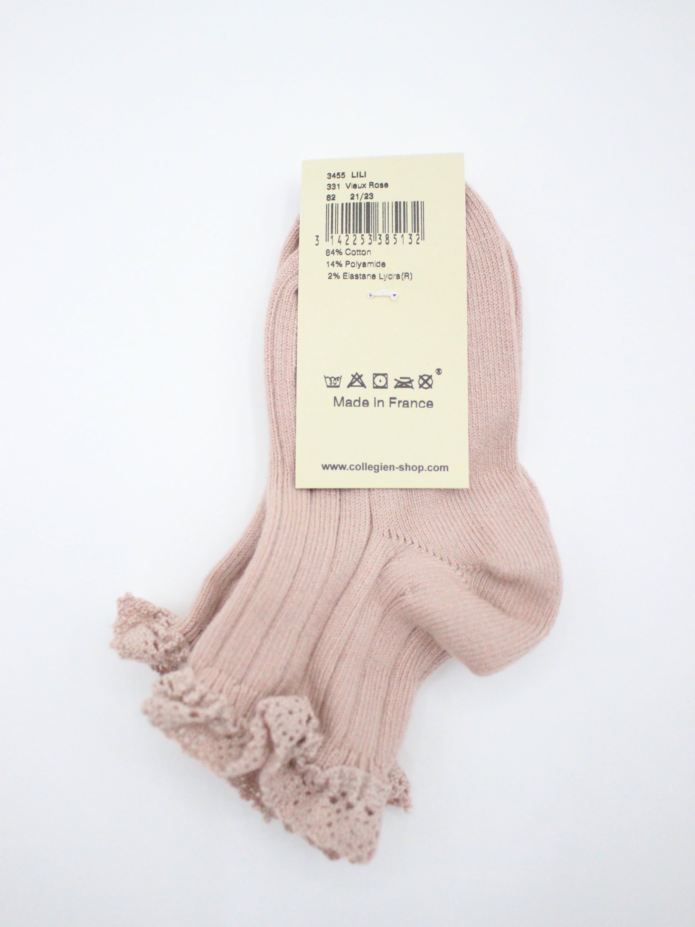 collegien  Lili - Lace Trim Ribbed Ankle Socks  Vieux Rose