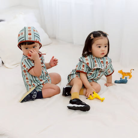 &pal    retro stripe rompers    kahki　sax