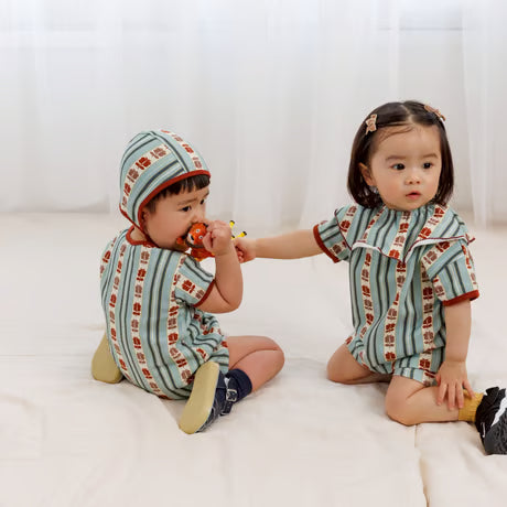 &pal    retro stripe rompers    kahki　sax