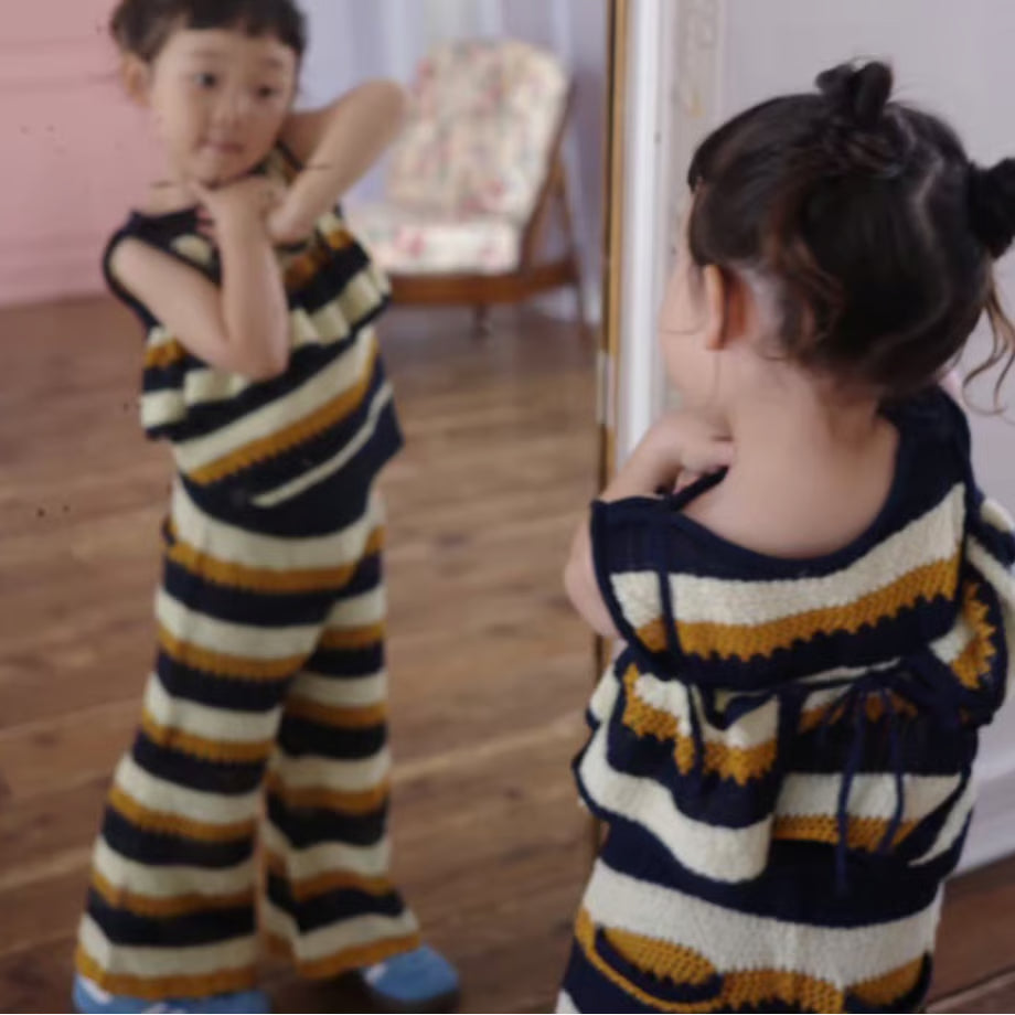 &pal    sukashiami border bustier    cream　sax