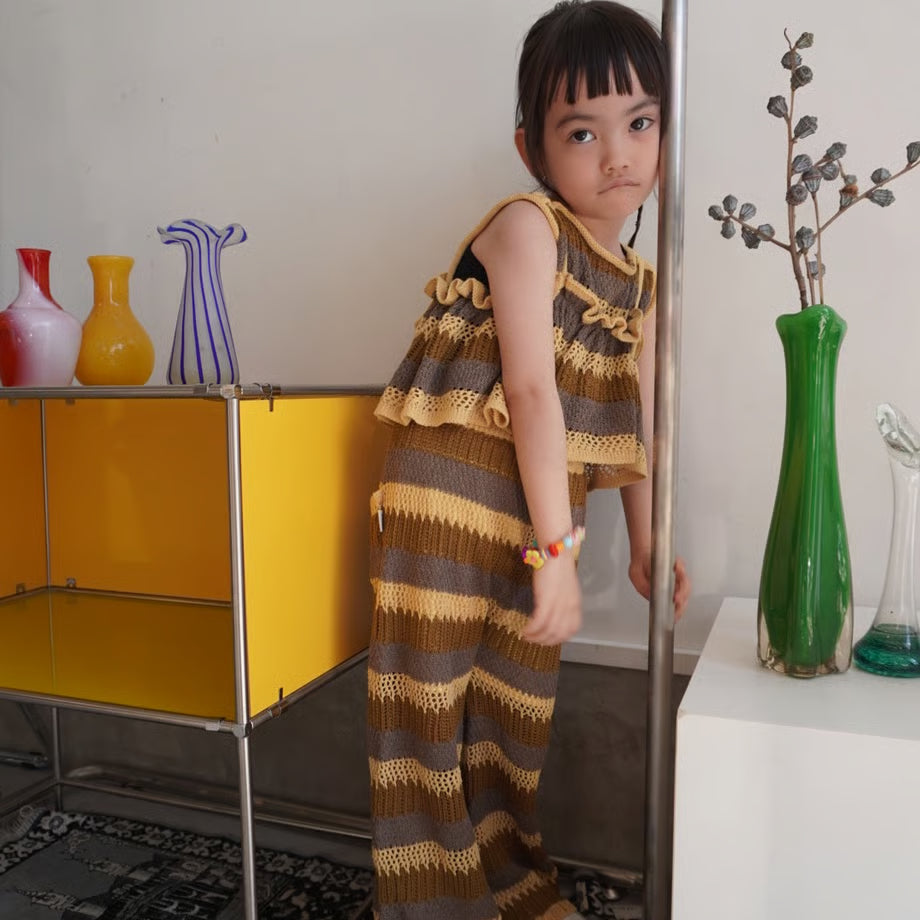 &pal    sukashiami border bustier    cream　sax