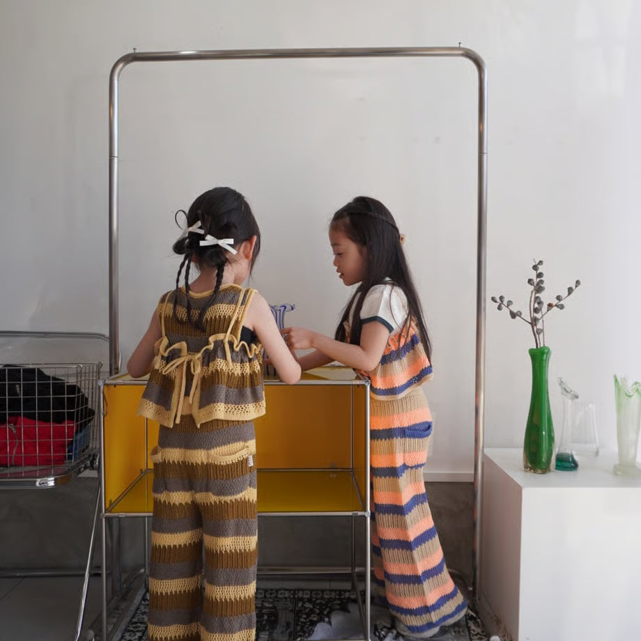 &pal    sukashiami border bustier    cream　sax